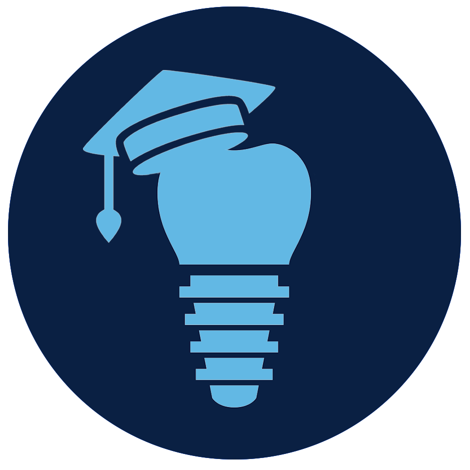 Blue icon of a dental implant with a graduation cap, symbolizing continuing education opportunities in dentistry through in-person and virtual learning programs.