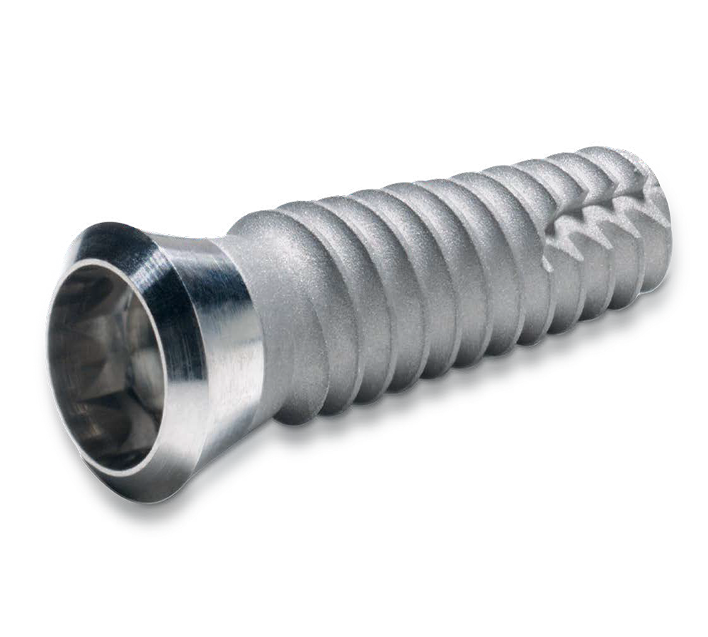 Close-up of a ZimVie Tapered SwissPlus Implant featuring a precision-machined surface and thread design engineered for stability, durability, and reliable integration in clinical implantology.