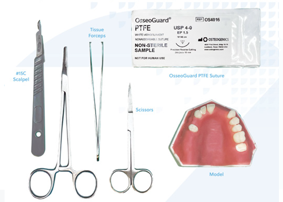 A labeled image showing instruments from the ZimVie Flap Design and Suturing Technique training kit. Items include a #15C scalpel, tissue forceps, scissors, surgical needle holder, OsseoGuard® PTFE suture, and a soft tissue model. These tools support the hands-on component of ZimVie Institute’s Implant SkillZ webcast series on surgical flap creation, incision design, and suturing techniques led by expert clinicians.