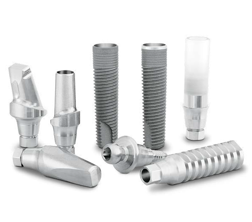 3.1 mmD Eztetic Implants and abutments showcasing ZimVie’s Conical Connection, Double Friction-Fit, and Platform Switch, designed to reduce micromovement, improve abutment stability, and distribute forces deep into the implant for crestal bone preservation.