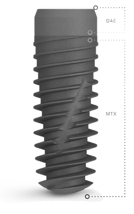 Image of the ZimVie TSX Dental Implant highlighting its dual surface technology: DAE (Dual Acid-Etched) for enhanced osseointegration at the collar and MTX (Microtextured Surface) for long-term stability throughout the implant body.