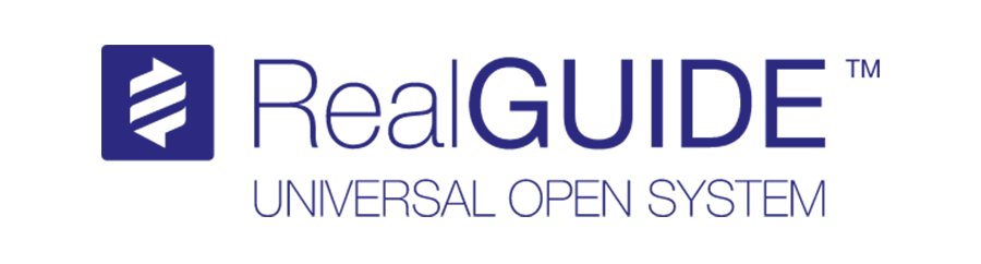 The official logo for RealGUIDE Universal Open System, featuring the brand name and a stylized geometric emblem in blue. This logo represents the dental navigation and surgical guide system.
