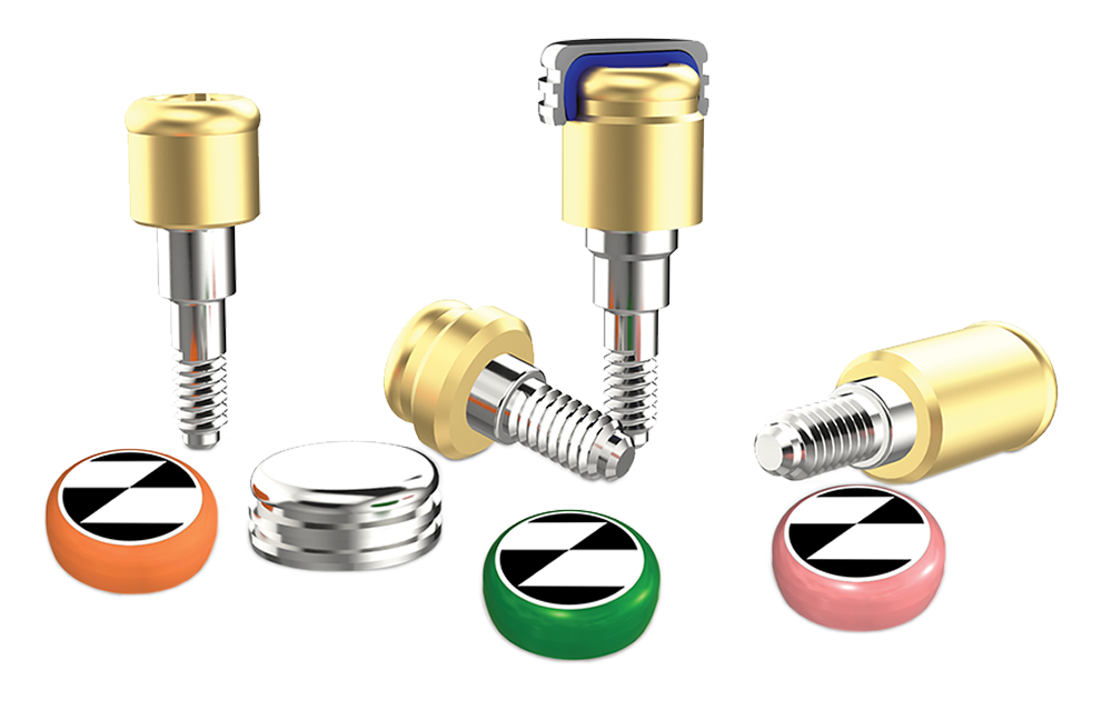 An image showcasing the ZimVie OverdenSURE Removable Attachment System, featuring its classic housing cap, retention insert, and abutment components.