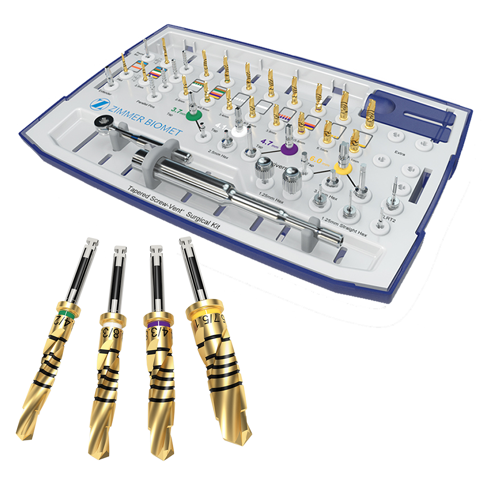 Image of the ZimVie TSV Surgical Kit featuring precision gold-coated drills and instruments designed for enhanced durability, cutting efficiency, and surgical accuracy in dental implant procedures.