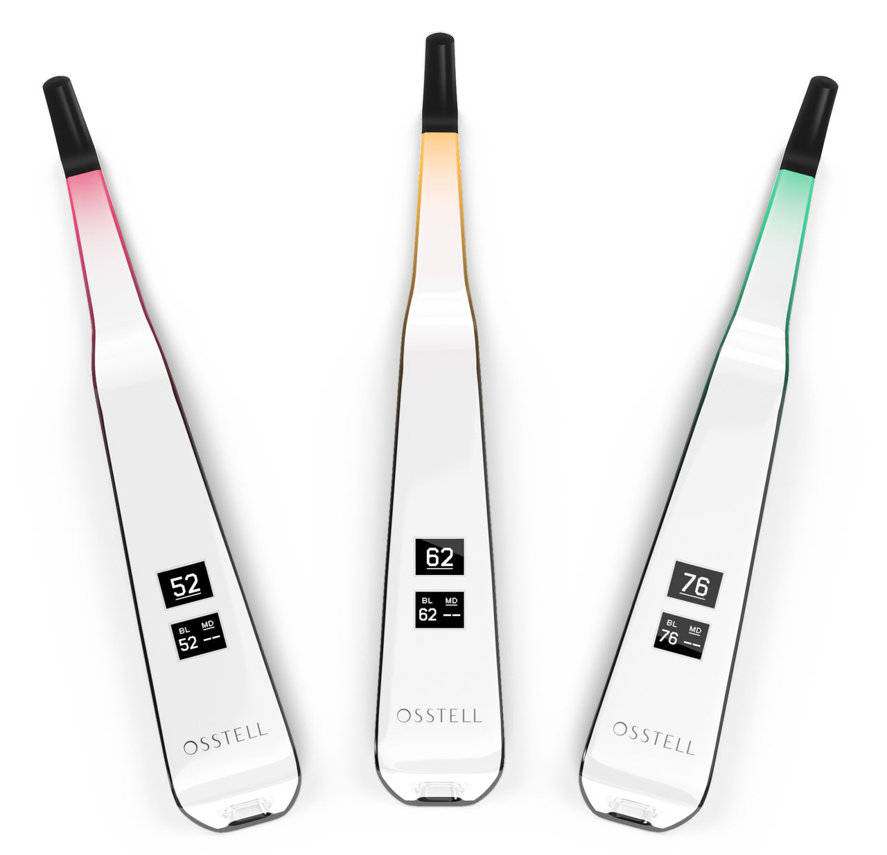 Three Osstell Beacon devices shown in different angles, each displaying implant stability quotient (ISQ) values with color-coded lights (red, orange, and green) to indicate varying levels of implant stability during dental procedures.