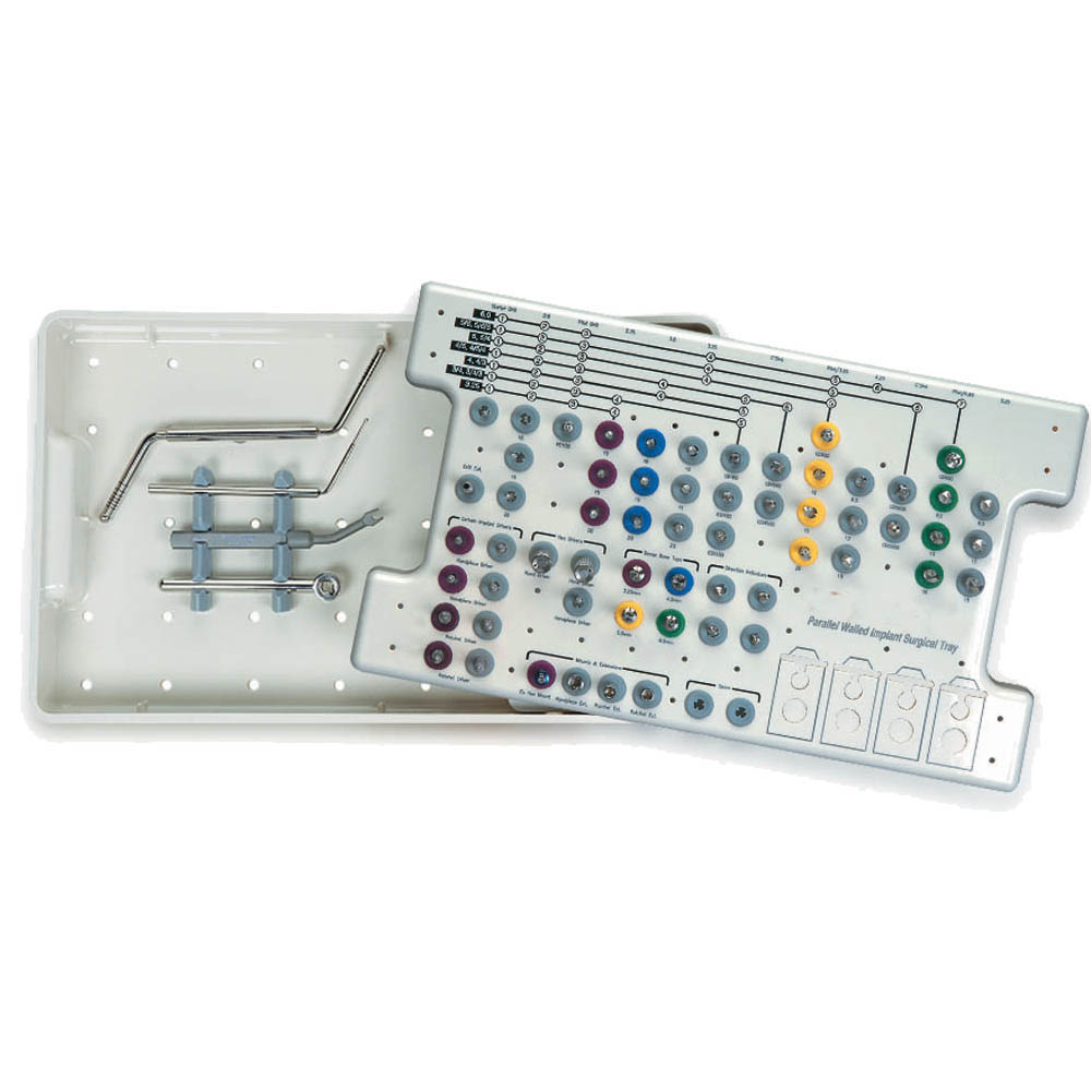 Certain® Premium Surgical Kit designed for parallel walled implants, featuring a comprehensive set of color-coded drills and instruments neatly arranged in a white surgical tray.