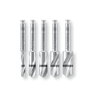 A set of ZimVie ACT Twist Drills, based on the design of standard length ACT Drills but optimized for precise depth control. The image shows the instruments, which feature a single laser mark indicating both 5.0 mm and 6.0 mm depths, designed for accurate osteotomy creation. These surgical drills are a key component for dental implant site preparation, providing a reliable and efficient solution for dental professionals.