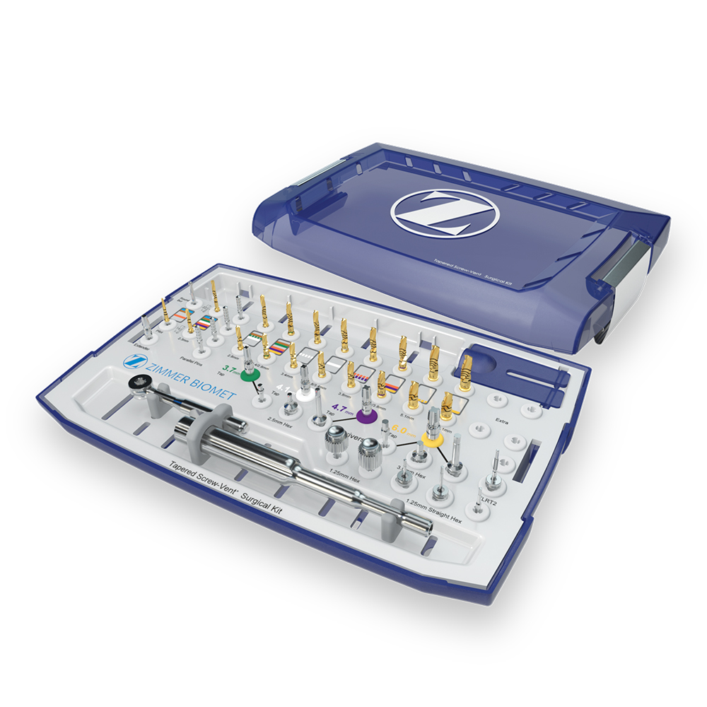 Image of the ZimVie TSV Surgical Kit containing a complete set of precision drills, instruments, and accessories, organized in a blue case designed to support efficient and accurate dental implant placement.